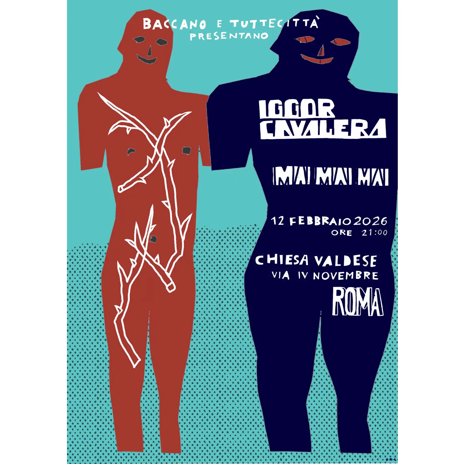 Locandina del concerto di Igor Cavalera e Mai Mai Mai alla Chiesa Valdese di Roma, illustrazione di Eddie — S.R.G.