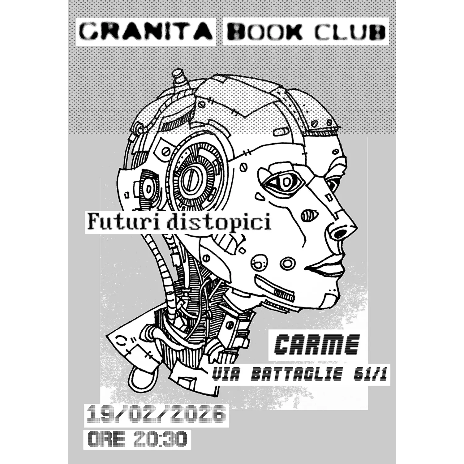 Locandina «Futuri distopici» per Granita Book Club a Carme, illustrazione di Eddie — S.R.G.