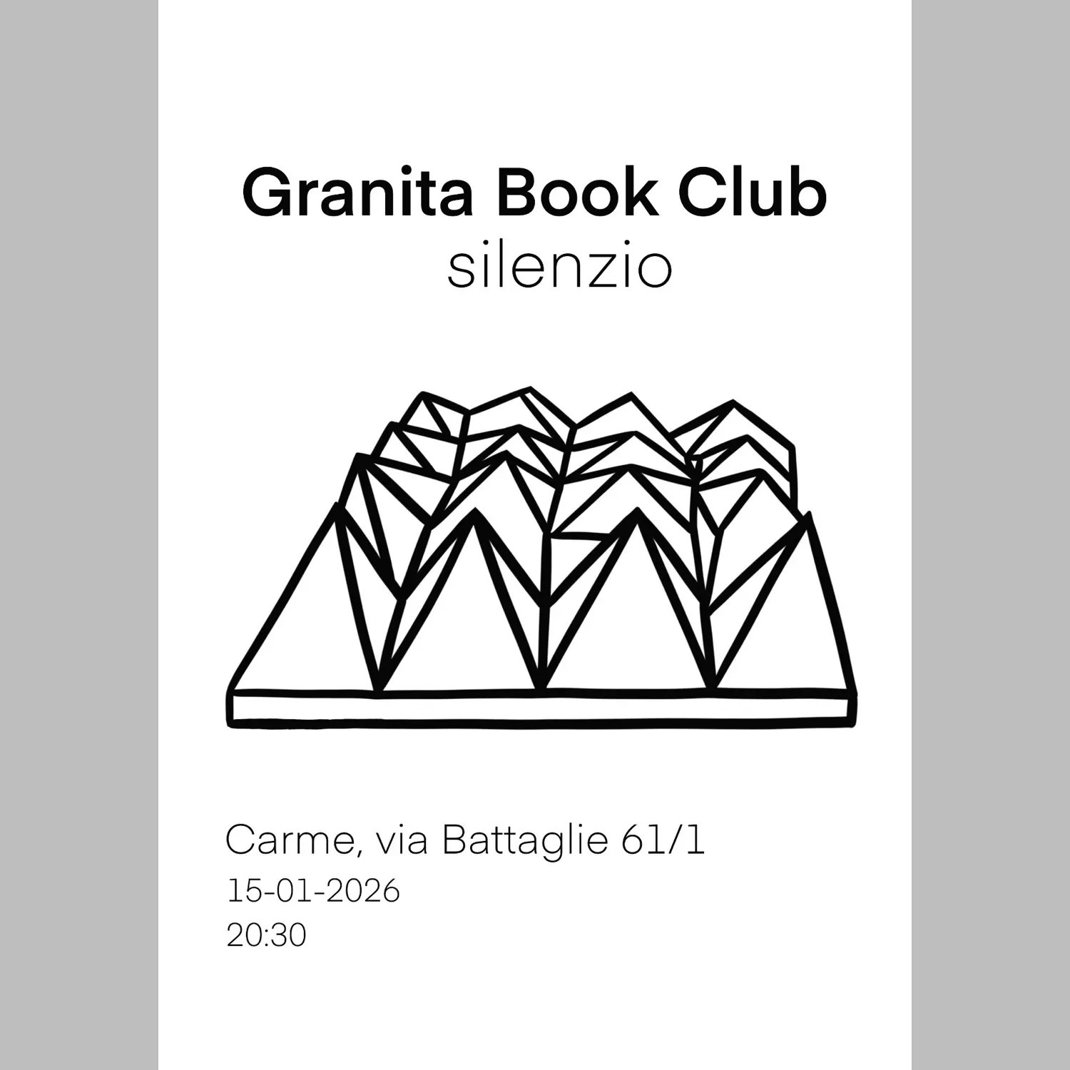 Locandina «Silenzio» per Granita Book Club a Carme, illustrazione di Eddie — S.R.G.